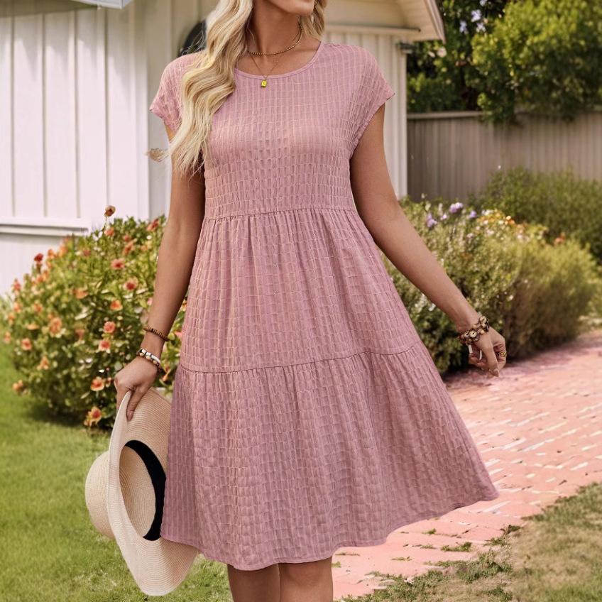 Women Summer Casual O Neck Solid Color Loose One Piece Dress