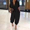 Retro Leopard Print Women's Loose Casual Short Sleeve Button Pants Jumpsuit Large Size