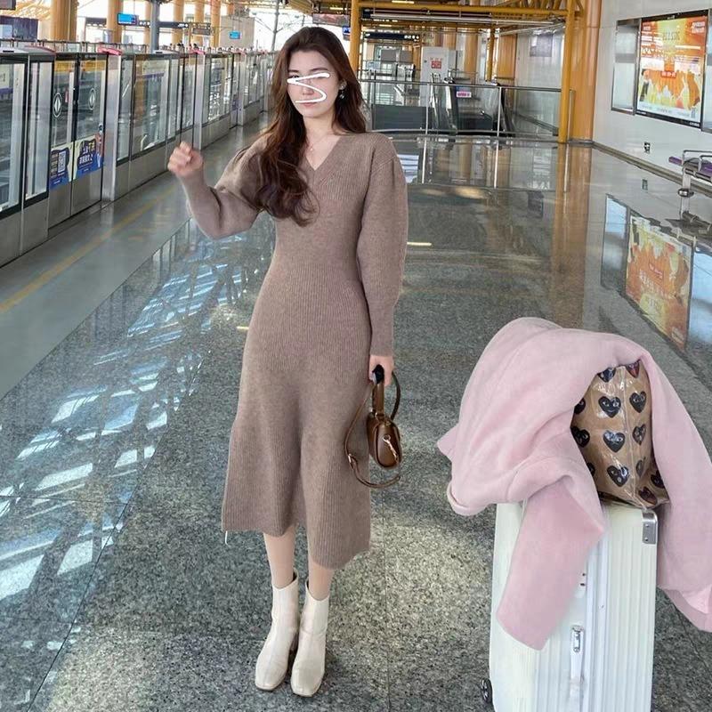 Chic and beautiful waist and thin high-end temperament Muse Fan gentle knitted long-sleeved dress