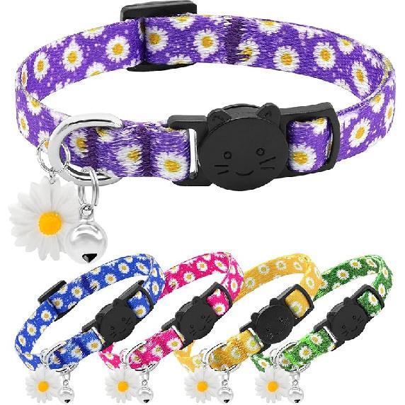Floral Cat Collar Breakaway with Daisy Pendant, Cute Flowers Daisy Cat Collars for Girl Cats, Safety Removable Cat Collars for Kittens Soft Kitty