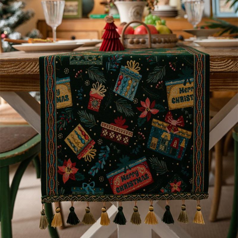Table Runner Christmas Coffee Table Decor Embroidered with Hand-tassels for Indoor Outdoor Home Party Wedding Table Decoration