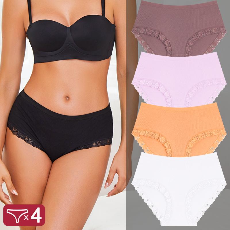 FINETOO 4Pcs/Set Ladies Mid Rise Underwear Cotton Ribbed Panties Floral Lace Edge Underpants Breathable Soft Women Briefs Multi‑color