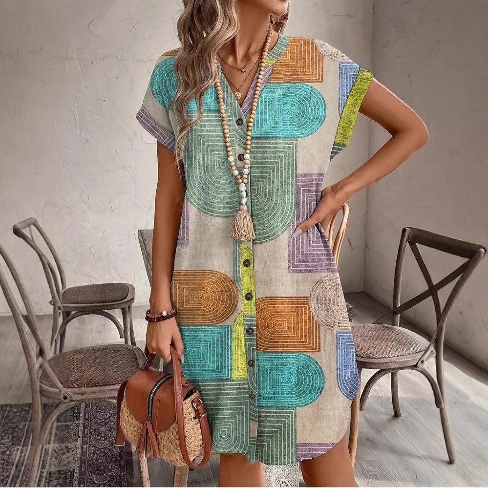 women's Geometric Print Short Sleeve Button Down Casual Dress V Neck Tunic Shift Dress