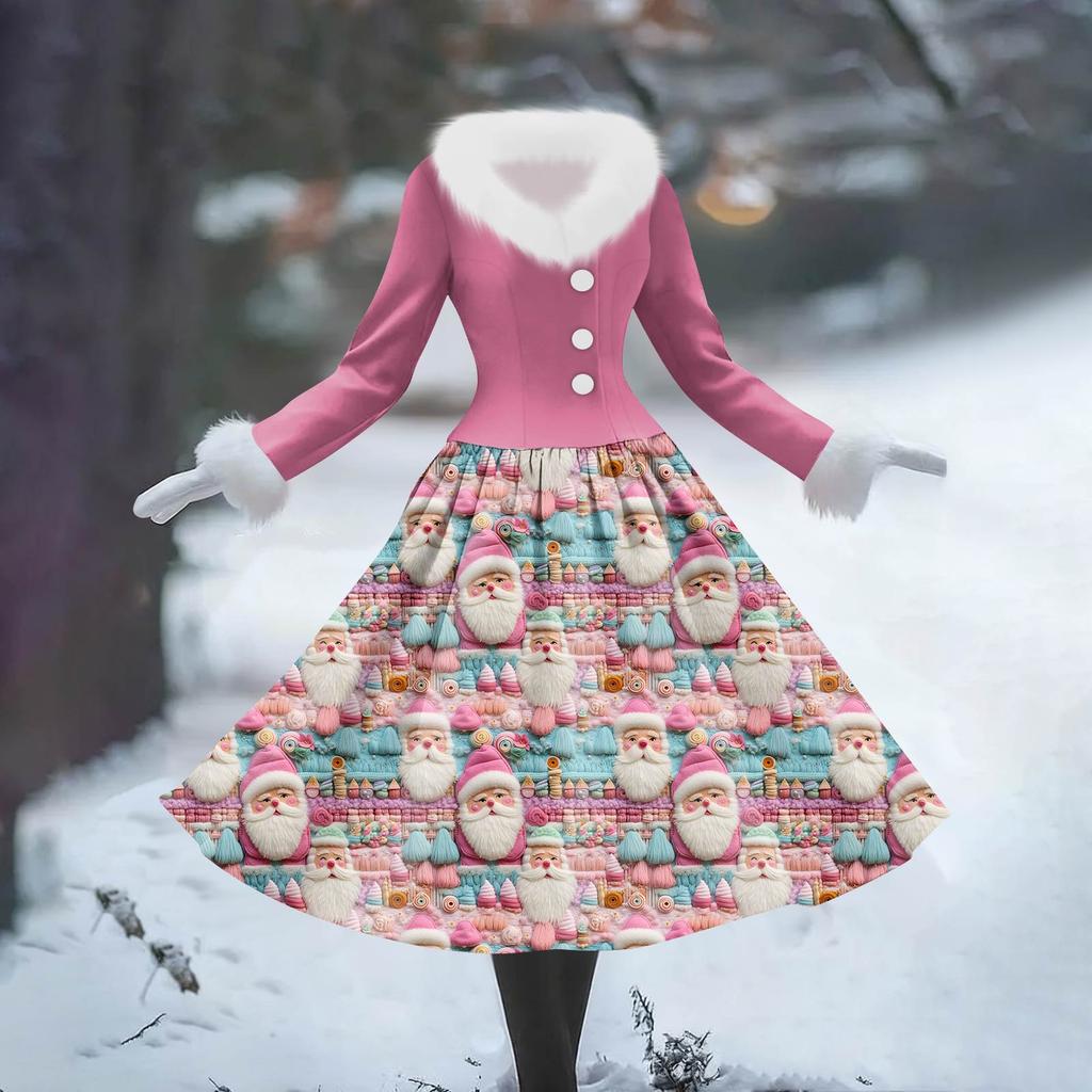 Women's Casual Hooded Dress Long-Sleeve V-Neck Patchwork Fleece Christmas Print Dress