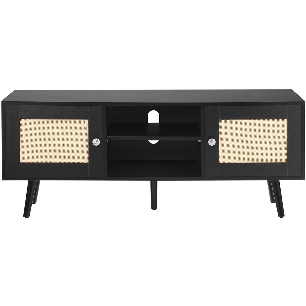 Rattan TV Stand, Boho TV Cabinet for 55 Inch TV, Mid Century Modern TV Stand, Rattan TV Console with Adjustable Shelfs for Living Room, Media Room,