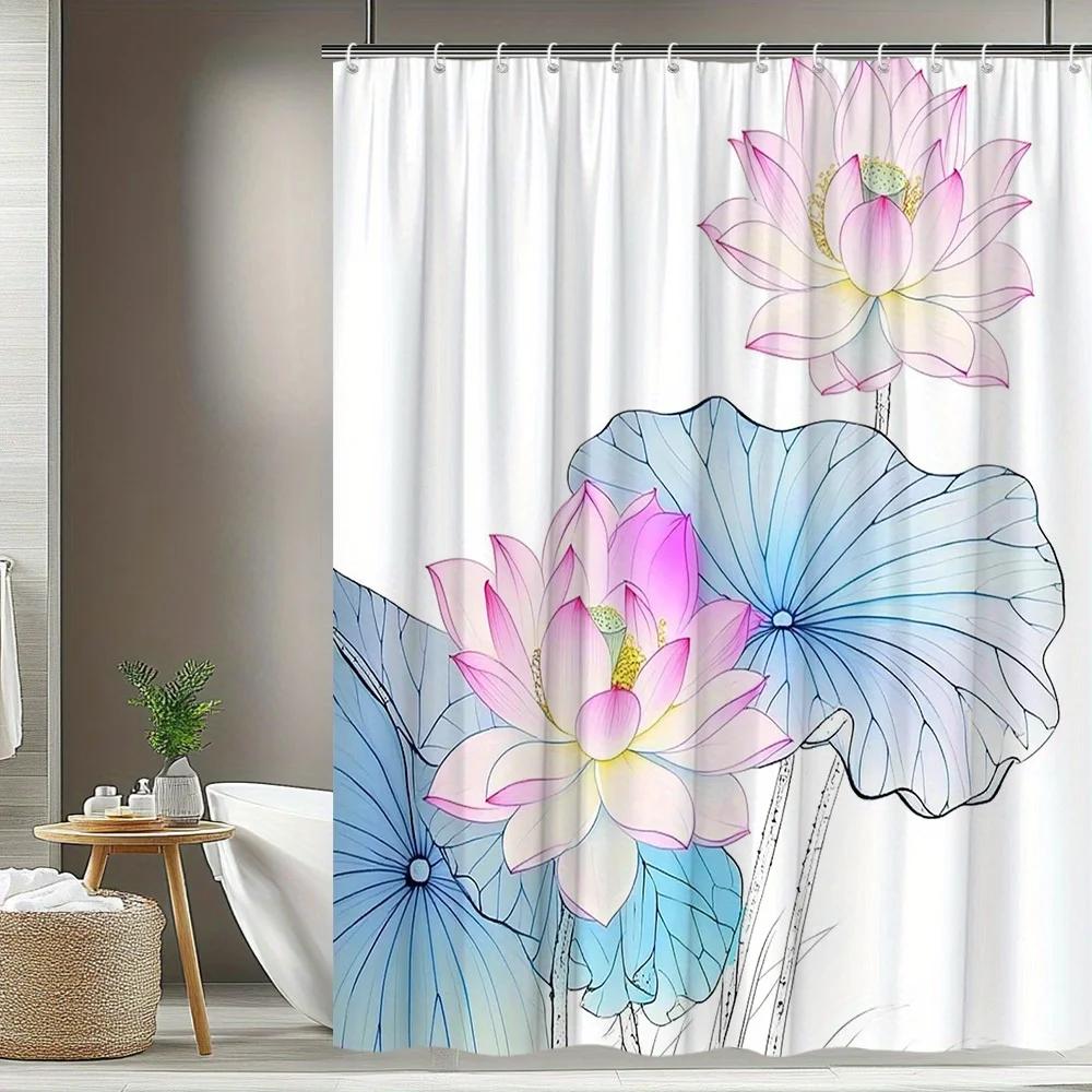 1pc for Lotus Theme Shower Curtain - Exquisite Floral Pattern with Pink, Blue, Green & Yellow for Lotus Flowers, Polyester Fabri