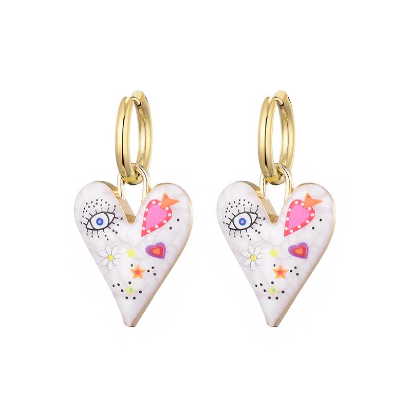 New Trendy Cute Heart Eye Stainless Steel Hoop Earrings For Women Colorful Vintage Enamel Gold Color Pendant Love Female Jewelry