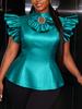 AOMEI Women Plus Size Satin Blouse Ruffles Short Sleeve Slim Fit Mock Neck Hollow Out Party Tops