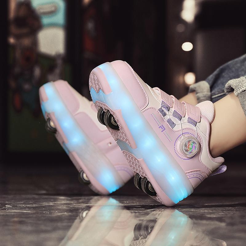 Kid's Roller Skates Removable Flat Charging LED Four Wheels Glowing Sports Shoes Pink Women's Glowing Sneakers