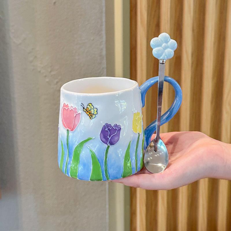 Girls Heart Ins Wind Hand-painted Tulip Ceramic Cup Girls Senior Sense Souvenir Couple Flower Mug