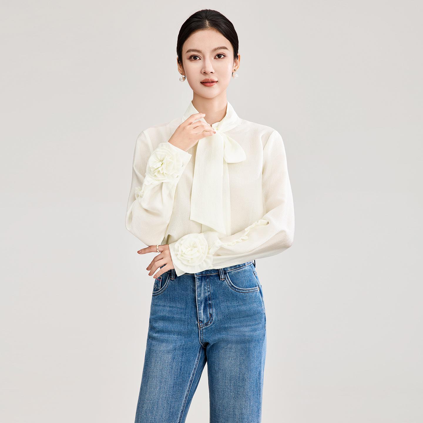 Elegant French Romantic Floral Tencel Blouse with Flowing Collar - Women s Spring Style L белый