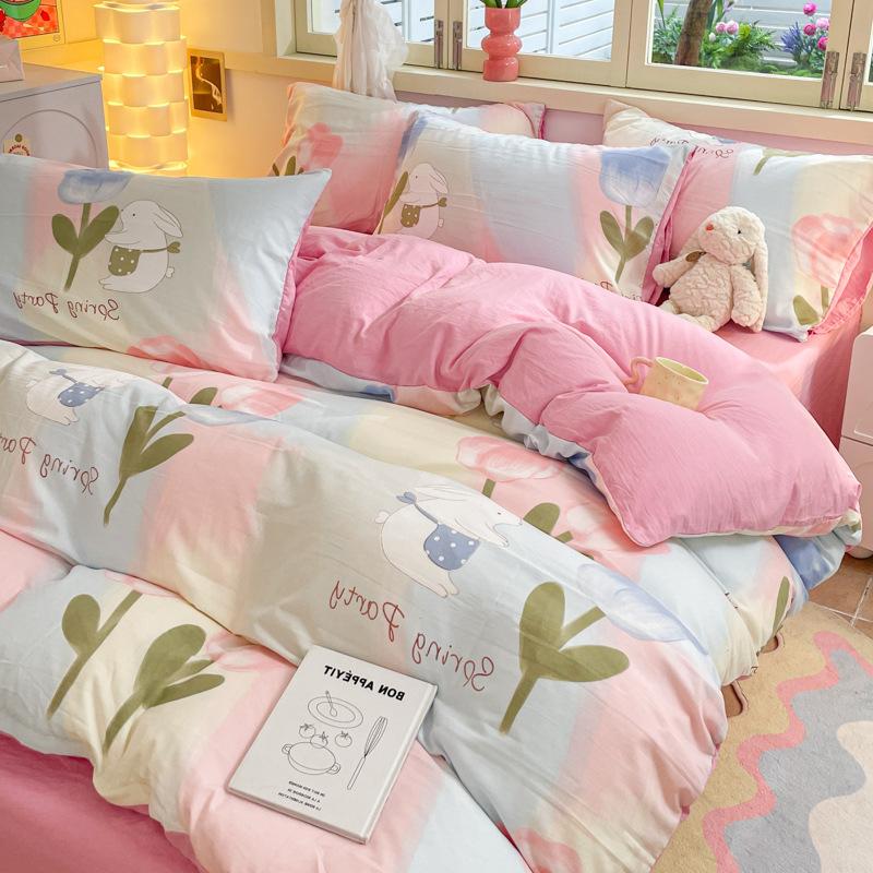 Class A Maternal And Infant Grade Washed Cotton Four-Piece Set Cotton Cartoon Small Fresh Pure Cotton Mattress Quilt Cover 3Pcs Set