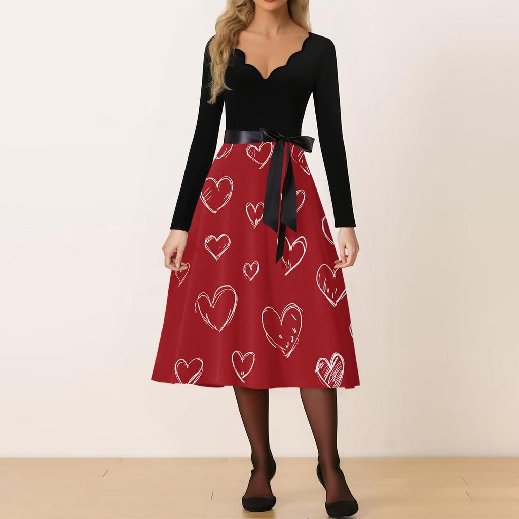 Damen Casual Mode V-Ausschnitt Valentinstag Print Retro Kleid