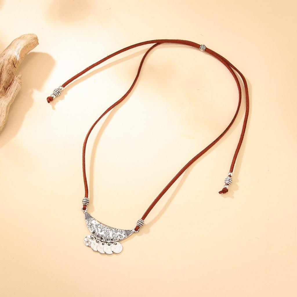 Vintage Round Leather Cord Pendant Necklace With Unique Fingerprint Design Bohemian Statement Jewelry For Women