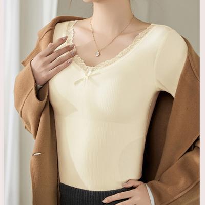 Women Bottoming Tops V-Neck Lace Trim Long Sleeve Slim Fit Thermal Tops Solid Color Padded Inner Layer Winter Shirt