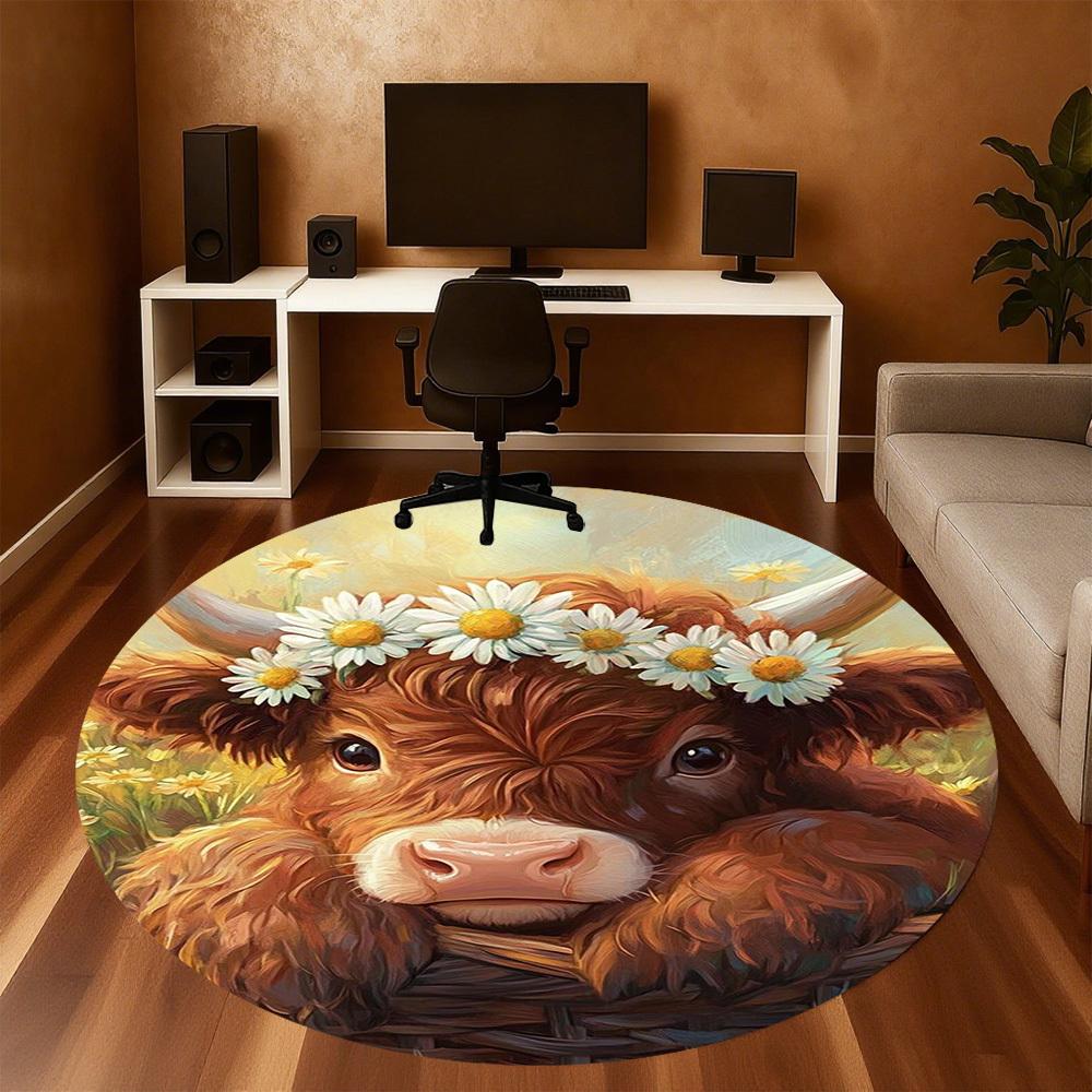 1PC Cow Basket Round Chair Mat Area Rug - Non-Slip, Floor Mat for Office, Bedroom, Home Decor Christmas Gift C0528035