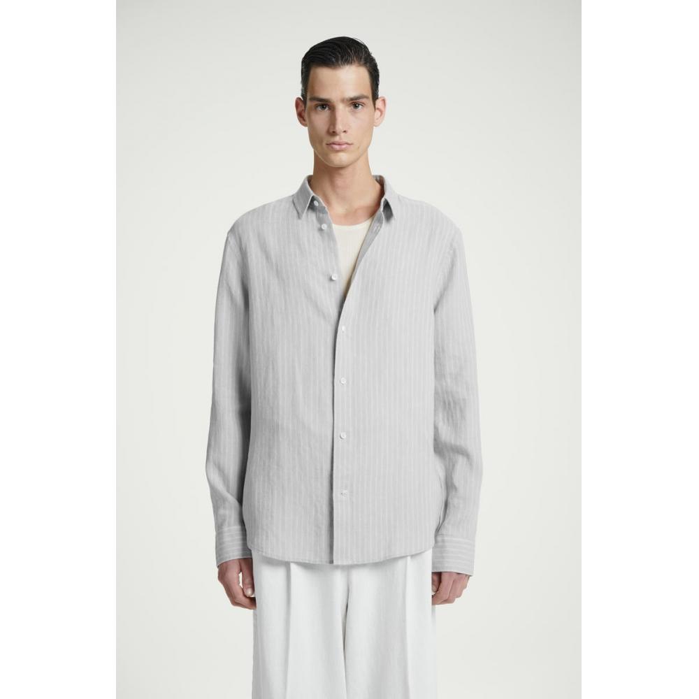 

COS Japan льняная рубашка в полоску с длинными рукавами graystripe/XL