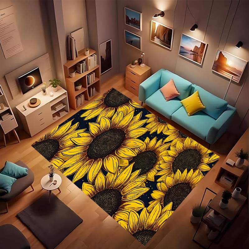 Customizable sunflower pattern non-slip rug, soft flannel, washable, non-slip backing, suitable for living rooms, bedrooms, bath