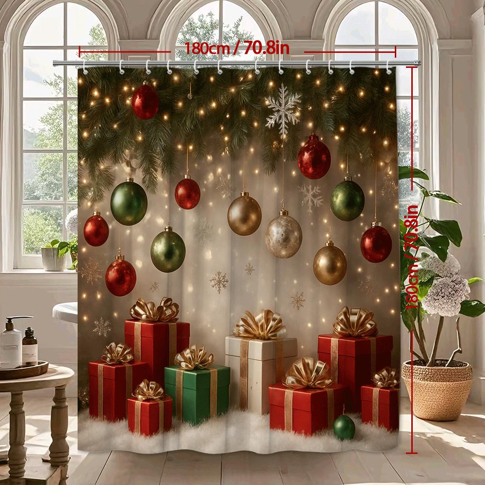 Festive Christmas Shower Curtain With Lights Ornaments Gift Boxes Pine Tree Design Waterproof Easy To Install Non-Toxic Material