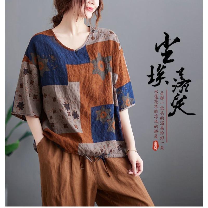 Retro Bedruckte Leinen Kurzarm Tops Sommer Dünn Lässig Locker sitzend Blasen Baumwolle und Leinen Herz-Ausschnitt T-Shirts