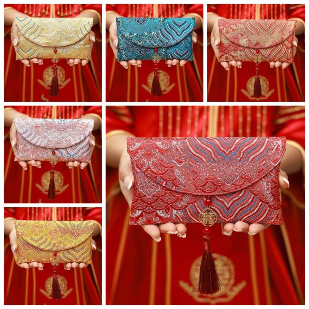 Traditional Spring Festival Red Envelope Embroidered Polyester Wedding Hongbao Thickened Tassel Lucky Money Packet