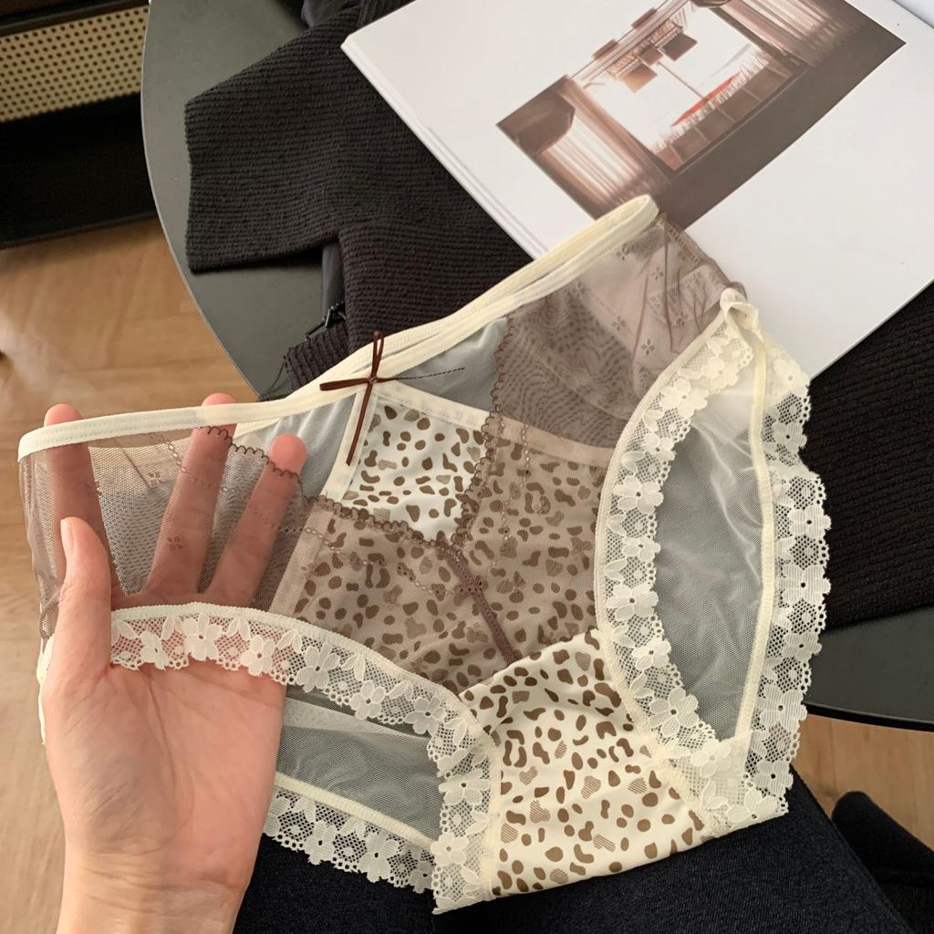 Lady Summer Sexy Leopard Print Pure Want Hollow Lace Lengthen Crotch In Low Waist Triangle Briefs
