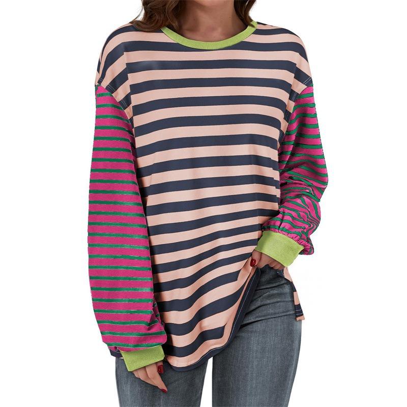 Plus Size Women's Spring and Autumn New Loose Casual Striped Round Neck Long Sleeve T shirt