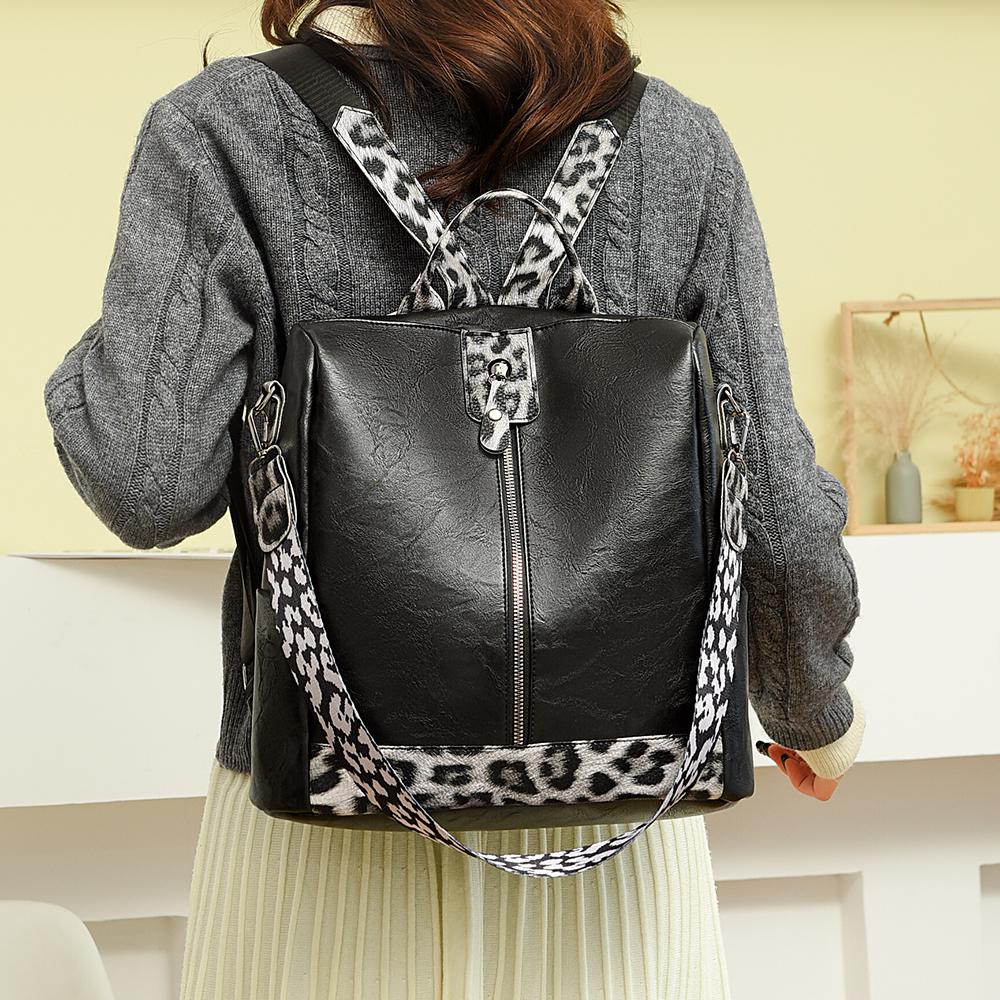 Rucsac de damă din piele moale cu imprimeu leopard, rucsac antifurt