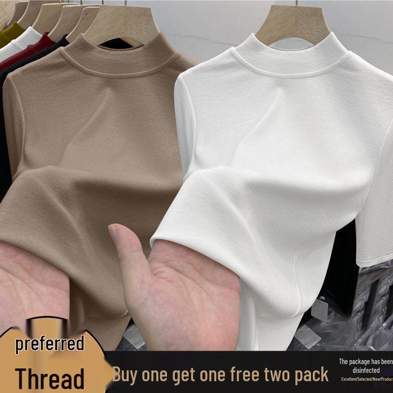 Chic High-Neck Slimming Mid-Sleeve Top (1/2 Piece) - Fashionable Natural Shoulders, Ideal for Spring/Autumn Layering, Body-Conscious Women's T-Shirt