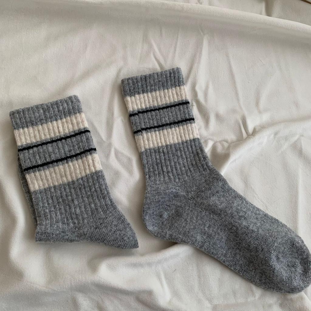 New Year'S Wool Socks Striped Contrasting Basic Korean Thickened Mid-Cut Women'S Socks Pit Strips To Keep Warm