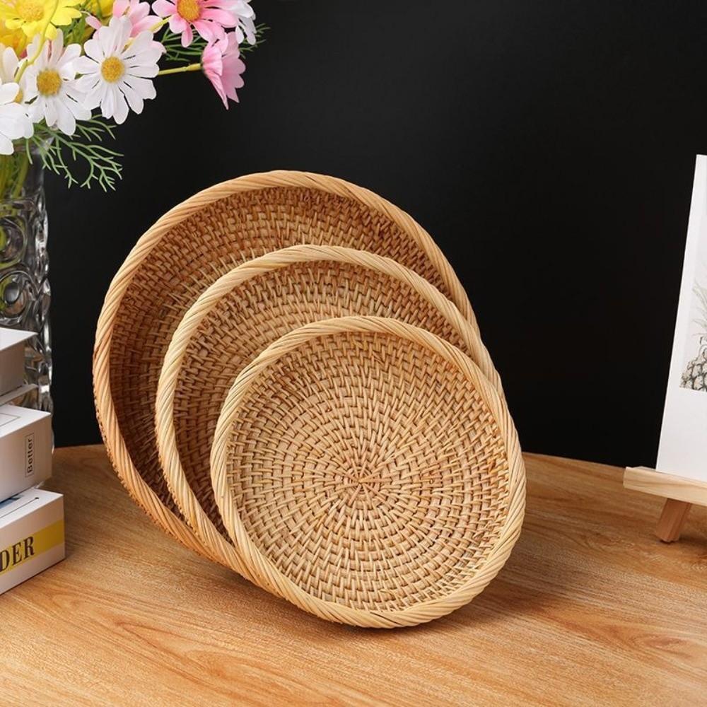 Multipurpose Rattan Storage Tray Round Wicker Basket Handwoven Storage Basket  Snack Presentation