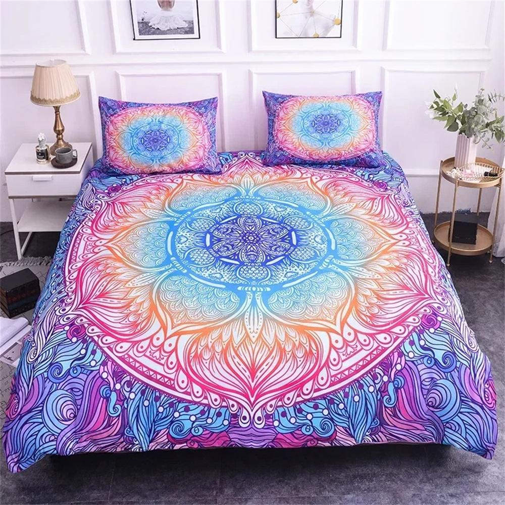 3D Colorful Mandala Duvet Cover Set Bohemian Style Pastel Toned Abstract Flower Design Print Bedding Set 135x200cm