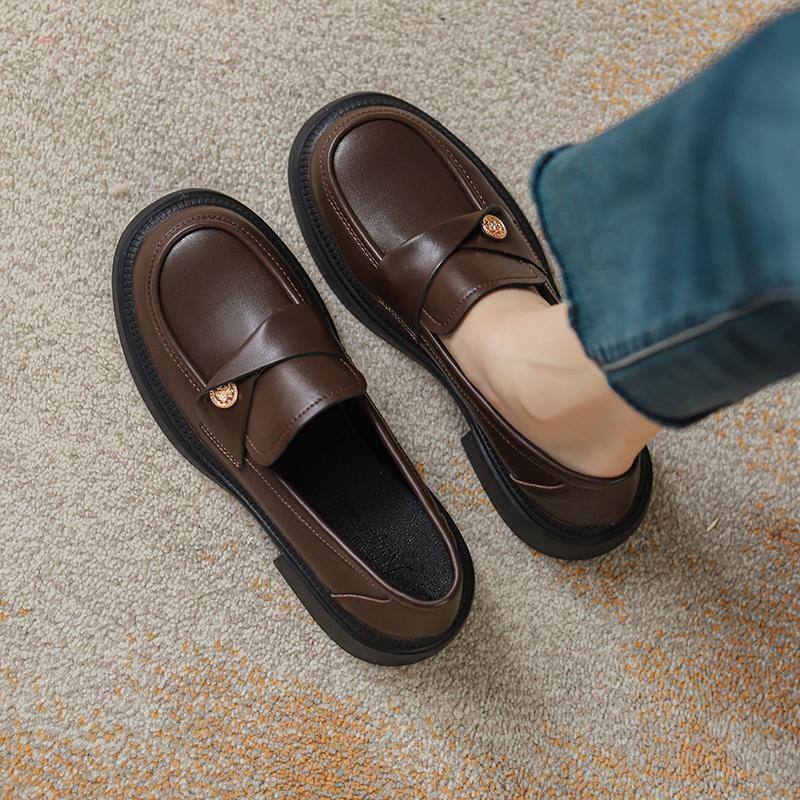 

Французские золотые мокасины женские в британском стиле 2025 года весна и осень новые туфли на платформе толстый каблук одинарные туфли с одной педалью маленькие кожаные туфли 40 коричневый