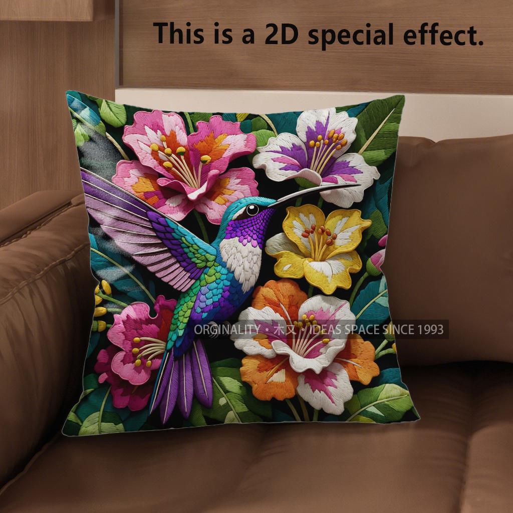 2D Vintage Hummingbird Floral Throw Pillow Covers Pattern Cushion Cover Suitable For Sofa Bedroom Car Pillow Cover