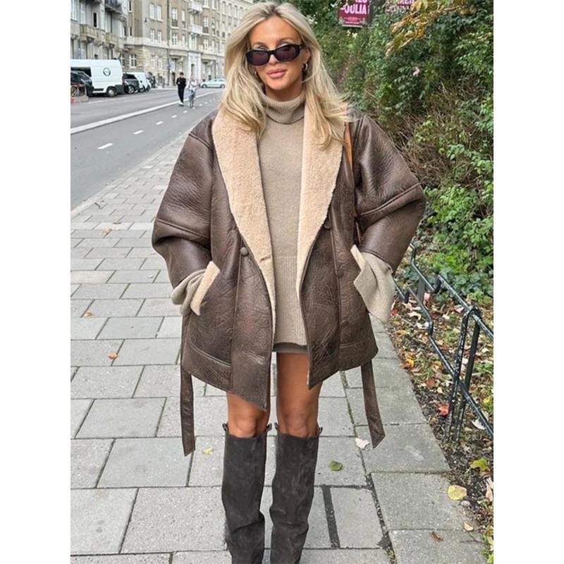 

Женская зимняя мода Толстая куртка из искусственной кожи Теплая с длинным рукавом Отложной воротник Лоскутные карманы Пальто Подарочный пояс Плюшевая подкладка S темно-коричневого