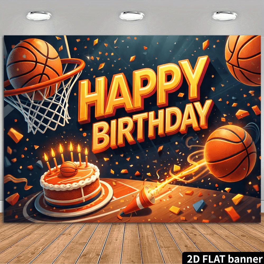 2D planar basketball-themed birthday banner background - basketball and birthday cake