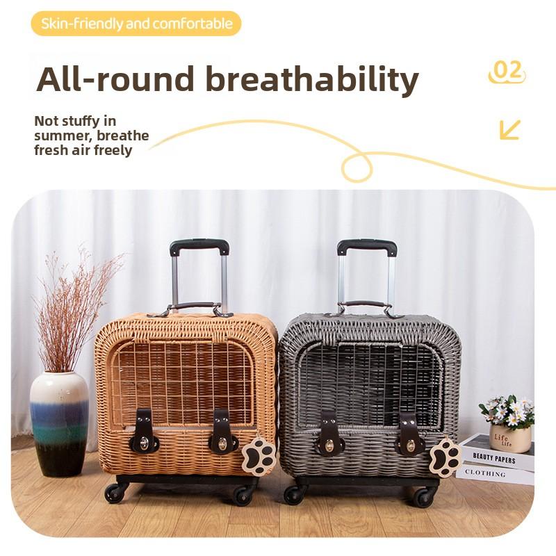 Portable Cat Suitcase with Wheels High Appearance Wicker Kittens Travel Bag Large Capacity Cats Carrier Lightweight Trolley Case