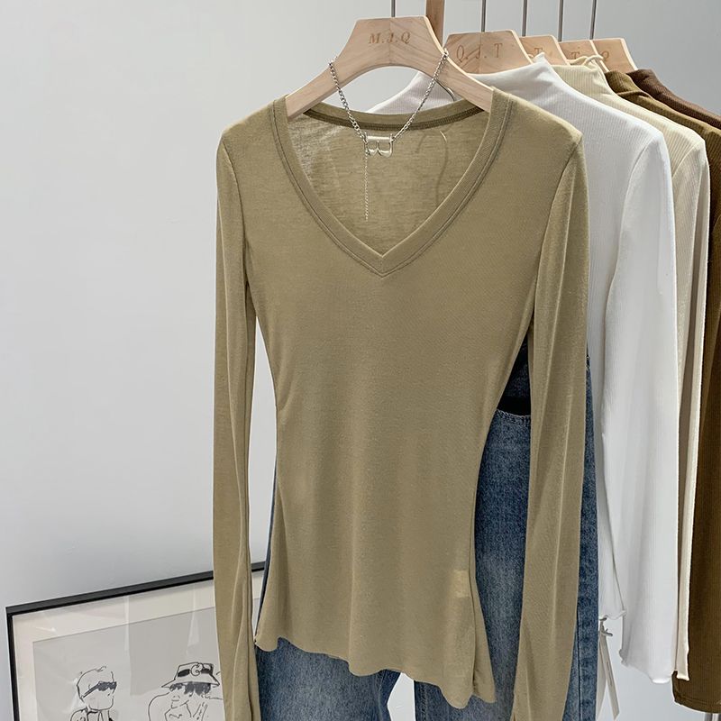 

Нарядная микро-прозрачная с длинными рукавами, облегающая тонкая базовая рубашка Milk Curry color L