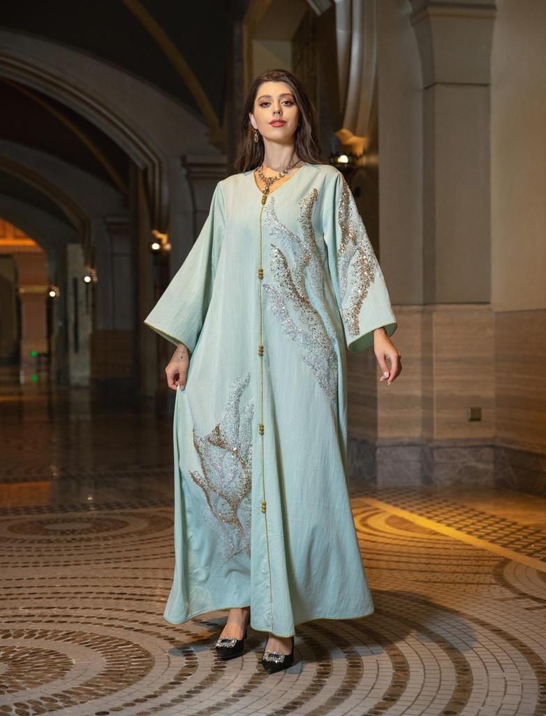 AB309 Dubai Embroidered Sequin Long-Sleeve Dress for Women