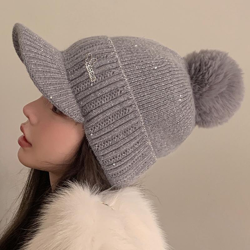 Rabbit Fur Hat Women's Winter Warm Knitted Baseball Cap with Fleece Anti Cold Yarn Hat Versatile Showing Off Small Face