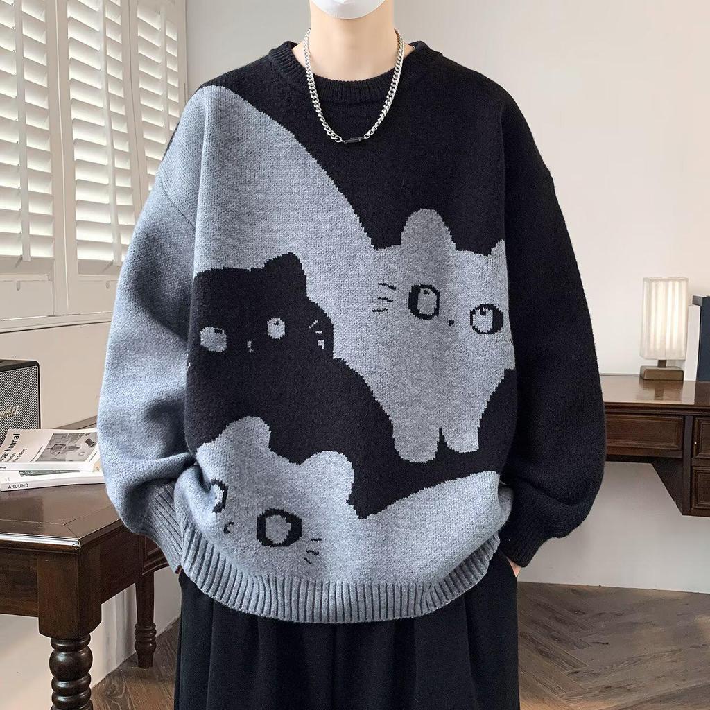 Men's College-Style Thick Knit Sweater with Velvet, Autumn/Winter Cozy Loose Fit