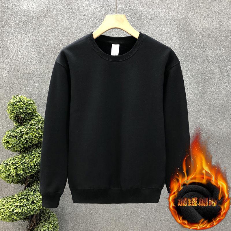 Men's Winter Fleece-Lined White Sweatshirt: Simple Solid Color, Round Neck, Long Sleeve, No Hood, Perfect for Spring and Autumn.
