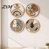 Natural Wood Home Accents 4Pcs Boho Wooden Wall Art , 2D Flat Round Hanging Signs, Modern Geometric Retro Style Gallery Set Decor, Bohemian