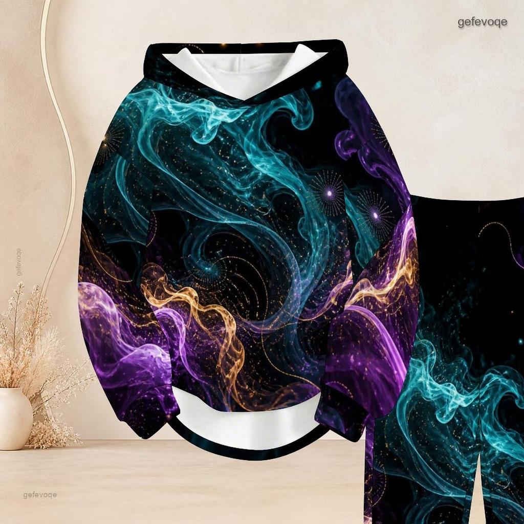 Women Plus Size Two Piece Set Hooded Long Sleeve Galaxy Printed Top Cuffed Pants