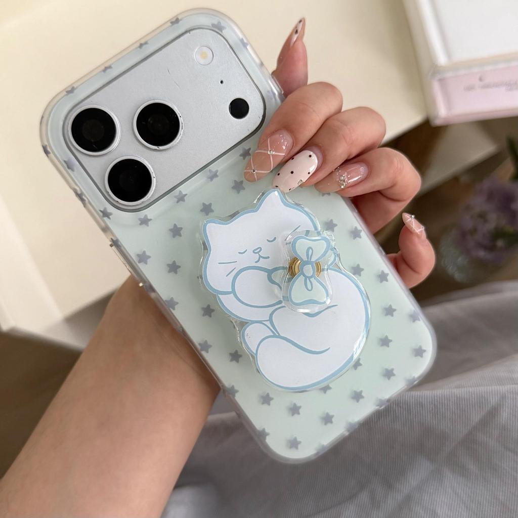 iPhone 15/17 Pro Cute Cat Stand Frosted Star Protective Case