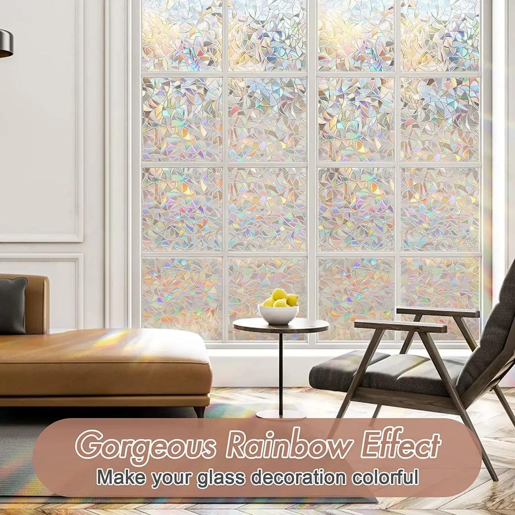 Window Privacy Film Rainbow Static Cling Stained Glass Film Window Covering Sticker - Non-Adhesive Removable Reflective for Home