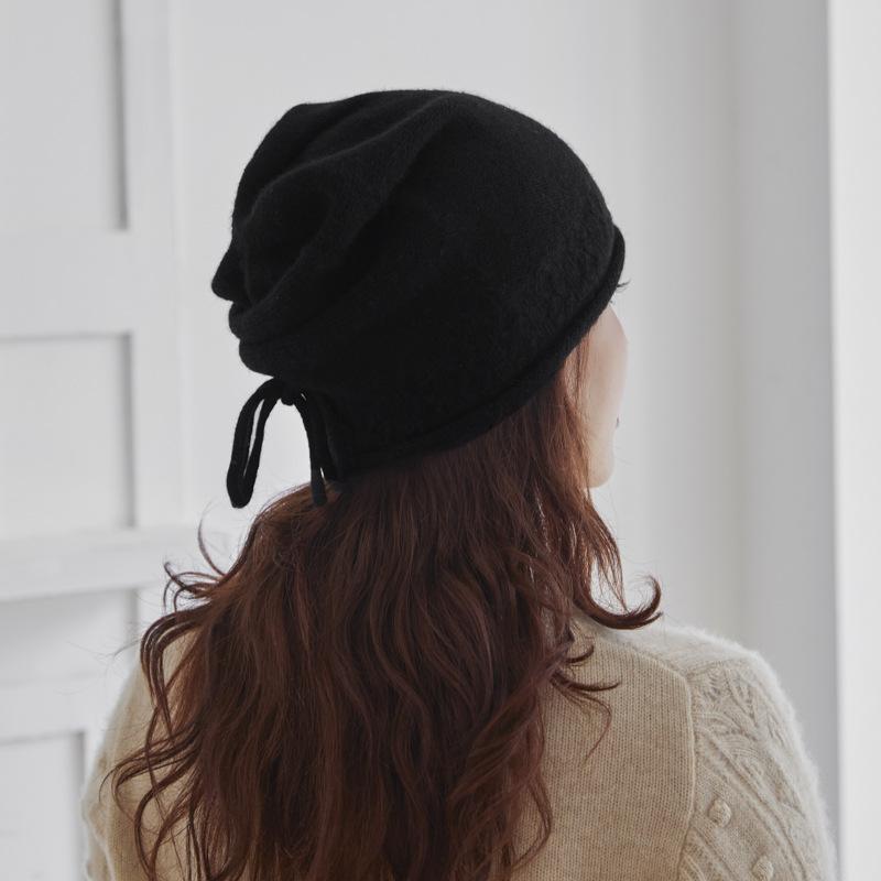 Cashmere autumn and winter new warm knitted drawstring stacking hat ear protector wool bag head cold hat