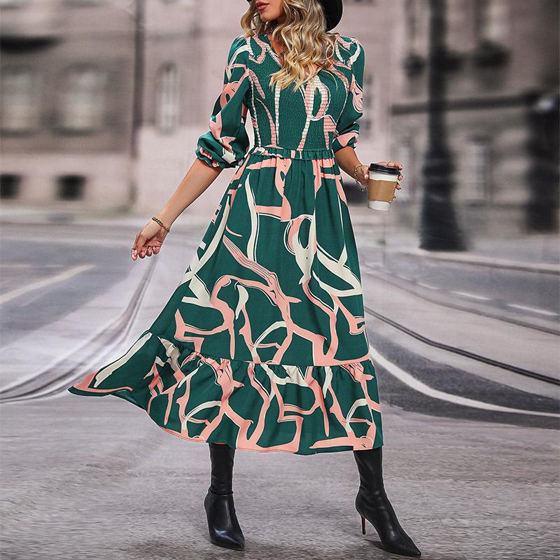 

2025 new autumn women s v-neck printed dress XL зелений