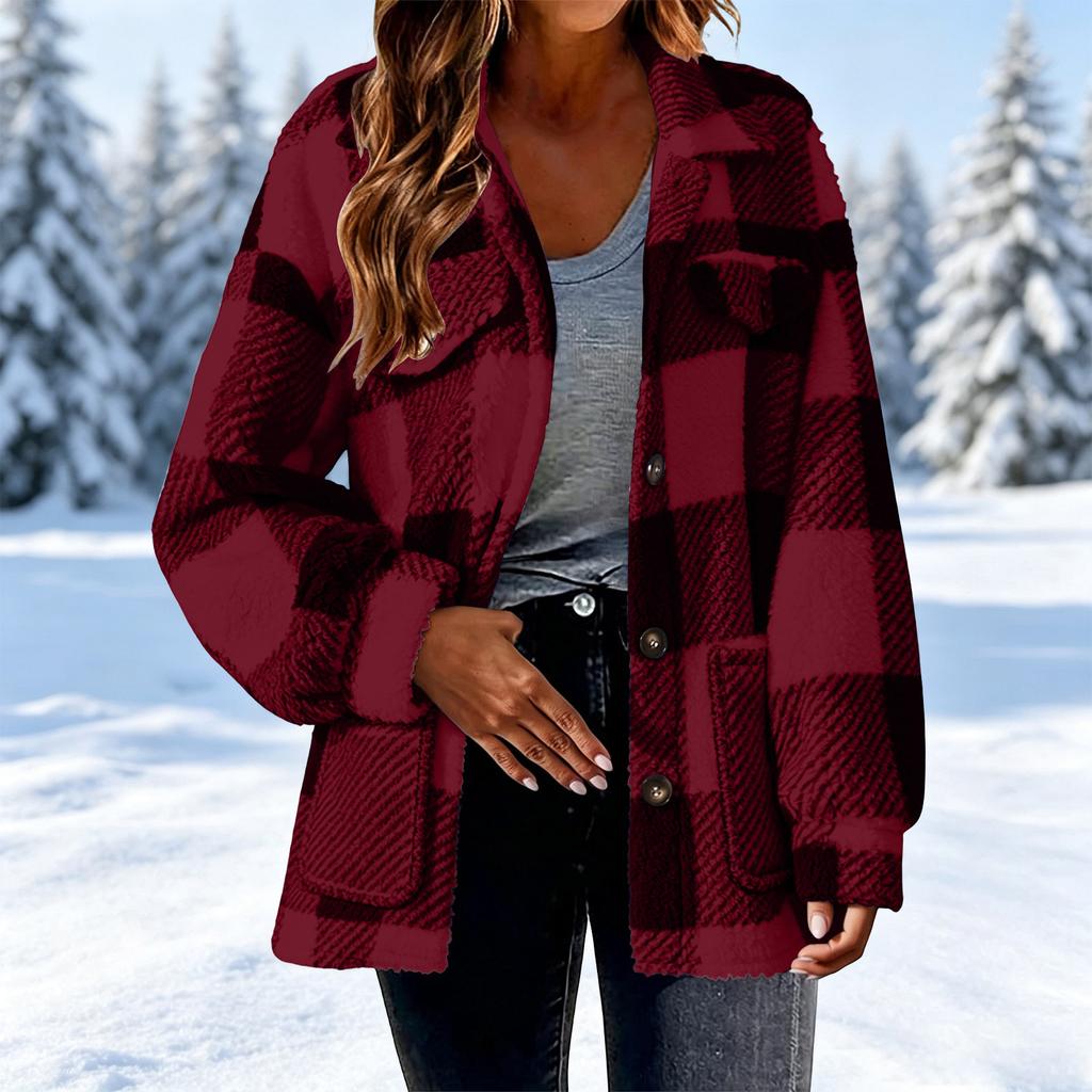 Damen Karojacke mit Taschen Knopfleiste Wintermantel für Freizeit und Alltag