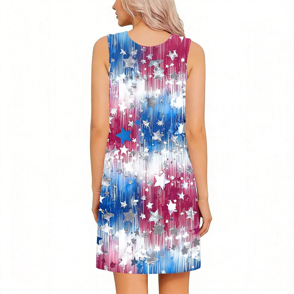 Sleeveless Knee Length Dress with Tear Away Design for Shoulder Surgery Recovery Fourth of July Star Print Summer Casual Dress